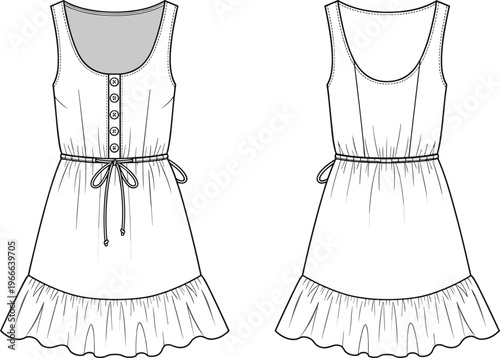 Technical fashion flat sketch of a sleeveless summer dress with button placket, drawstring waist and ruffled hem, front and back vector view.
