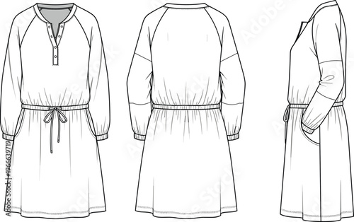 Technical fashion flat sketch of a raglan sleeve dress with henley neckline, elastic waist drawstring and pockets, front back side view.