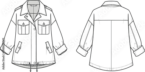 Technical fashion flat sketch of a utility anorak jacket with flap pockets, rolled sleeves, drawstring hem, and button closure front and back view.