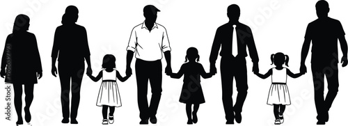 Black silhouette of large happy multi generational family with children parents and grandparents walking together holding hands on white background