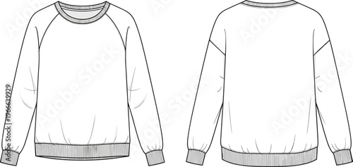 Technical fashion flat sketch of crewneck sweatshirt with raglan sleeves, ribbed cuffs, ribbed hem and garment construction details
