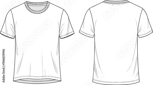 Technical fashion flat sketch of classic short-sleeve T-shirt with round ribbed neckline, straight hem and garment construction details