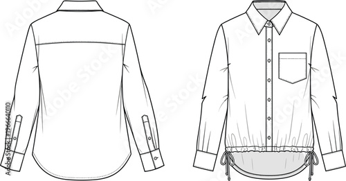 Technical fashion flat sketch of long sleeve button down shirt with chest pocket, drawstring hem and cuffed sleeves, front and back view.