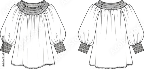 Technical fashion flat sketch of long-sleeve blouse with gathered neckline, puff sleeves, ribbed cuffs and scalloped lace hemline details