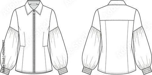 Technical fashion flat sketch of long-sleeve blouse with pointed collar, front zipper, puff sleeves, ribbed cuffs and welt pocket details