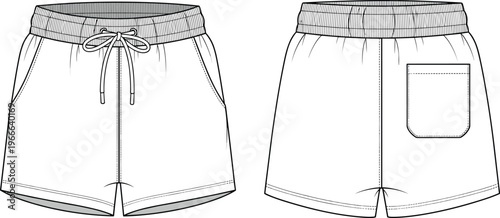 Technical fashion flat sketch of men’s and women’s shorts with elastic waistband, drawstring tie, pockets, and detailed garment construction