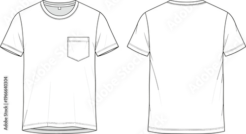 Technical fashion flat sketch of short-sleeve T-shirt with round neckline, chest pocket detail, seam lines and garment construction features