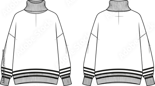 Technical fashion flat sketch of ribbed turtleneck sweater with dropped shoulders, striped cuffs, ribbed hem and garment construction details
