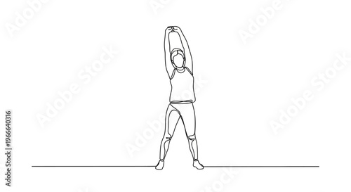 Woman stretching arms overhead, standing on a line, minimalist line art