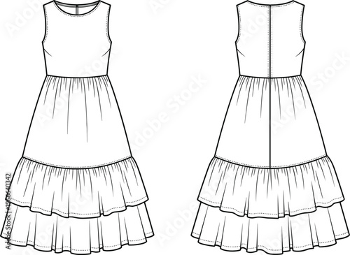 Technical fashion flat sketch of sleeveless tiered dress with round neckline, fitted bodice, gathered layers and back seam closure