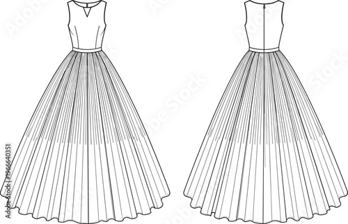 Technical fashion flat sketch of sleeveless floor-length gown with pleated skirt, fitted bodice, neckline cutout and back zipper closure