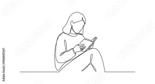 Minimalist continuous line drawing of a person reading a book, focus on learning and relaxation