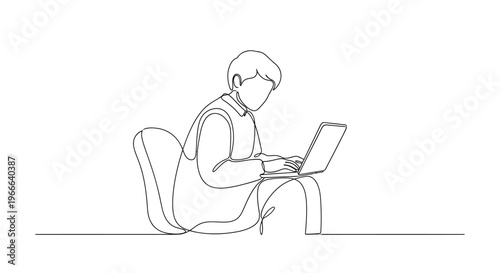 Minimalist Line Art: Person Working on Laptop, Sitting on Chair, Focused on Screen