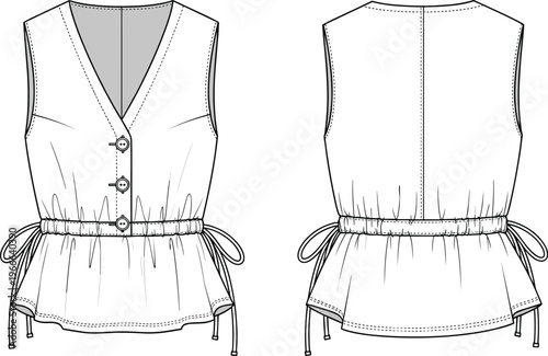 Technical fashion flat sketch of sleeveless women’s top with V‑neckline, buttons, peplum hem, side ties, and gathered waist design