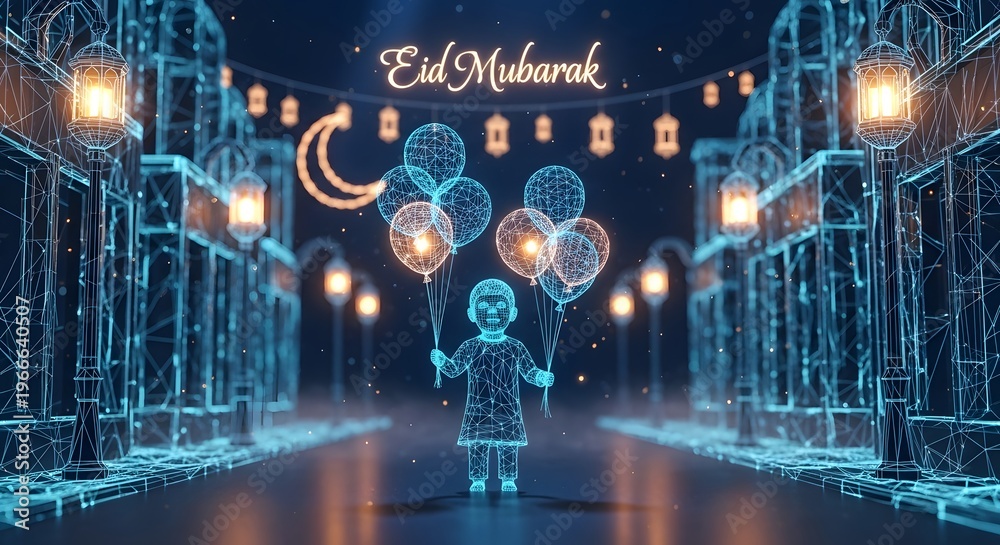 Fototapeta premium Futuristic low poly low poly surreal silliness eid al adha mubarak, high quality 4K AI generated