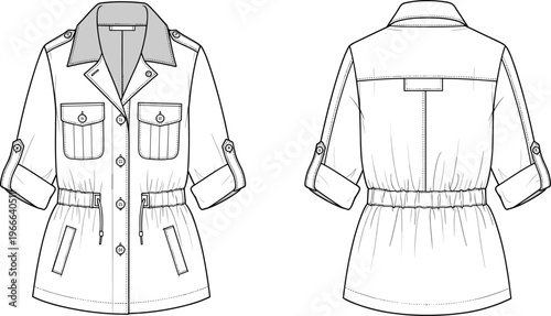 Technical fashion flat sketch of utility jacket with flap pockets, button front, collar, elastic waist and three-quarter sleeves, front and back view