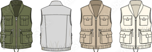 Technical fashion flat sketch of utility vests with multiple flap pockets, zipper closure, and drawstring hem, front and back views, vector set.