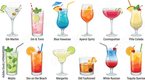 Popular Cocktail Drinks Vector Set with Mojito, Margarita, Aperol Spritz, Martini, Pina Colada, Cosmopolitan, and Classic Alcoholic Beverages for Bar Menu Design