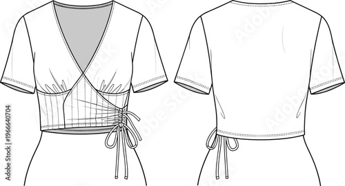 Technical fashion flat sketch of women’s cropped wrap top with deep V-neckline, gathered bust, drawstring waistband and construction details