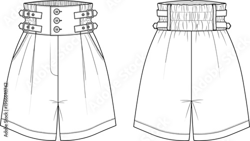 Technical fashion flat sketch of women’s high-waisted shorts with decorative buckle straps, button placket, elastic back waistband and pockets