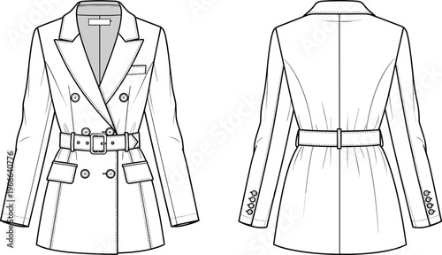Technical fashion flat sketch of women’s double-breasted belted blazer coat with notched lapel, flap pockets, chest welt pocket and cuff details