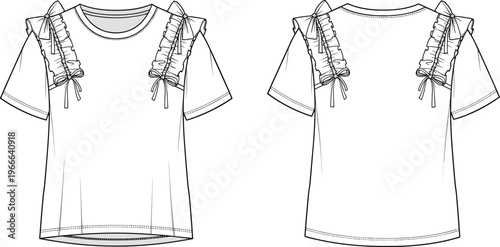 Technical fashion flat sketch of women’s short-sleeved top with round neckline, gathered shoulder panels, drawstring bows and construction details