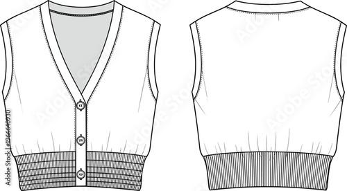 Technical fashion flat sketch of women’s sleeveless button-up vest with deep V-neckline, ribbed hem, front buttons and garment construction