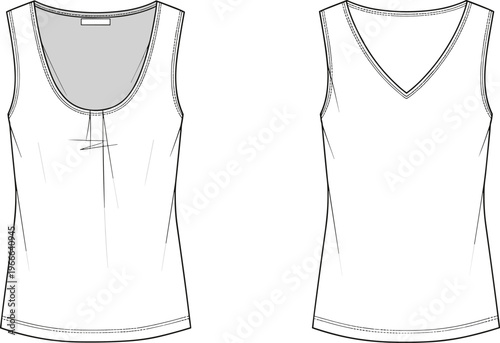 Technical fashion flat sketch of women’s sleeveless tops with scoop neckline pleat detail and clean V-neckline garment construction comparison