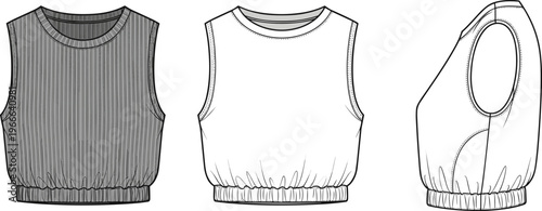 Technical fashion flat sketch of women’s sleeveless cropped top with round neckline, ribbed texture, elastic hem and construction details