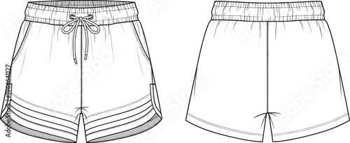 Technical fashion flat sketch of women's casual shorts with elastic waist, drawstring, side pockets, and striped hem band, front and back vector view.