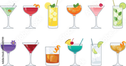Elegant Cocktail Glasses Set with Colorful Alcoholic Drinks, Martini, Wine, Whiskey, and Refreshing Beverages for Bar Menu, Party, and Beverage Design