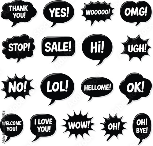 Set of black speech bubble stickers, comic style vector elements with social media expressions and phrases