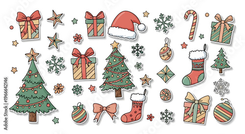 A festive Christmas doodle icon set arranged as a playful scrapbook collage featuring a Christmas tree, Santa hat, gift boxes, bows, and stockings in a hand-drawn vector style.
