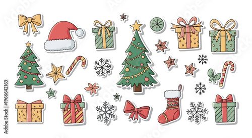 Christmas icons arranged in festive scrapbook collage with tree, presents, hat