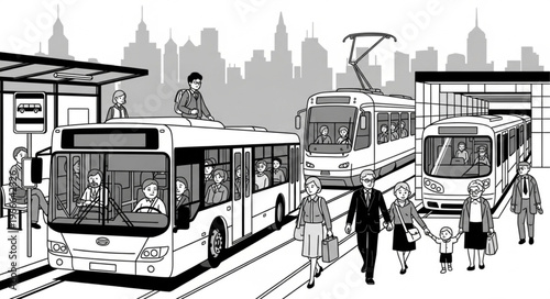 City Bus Station Scene with People and Vehicles.