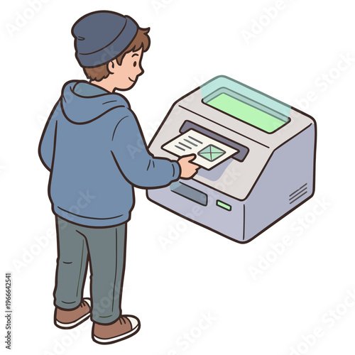 Man using an ATM to withdraw money at night.