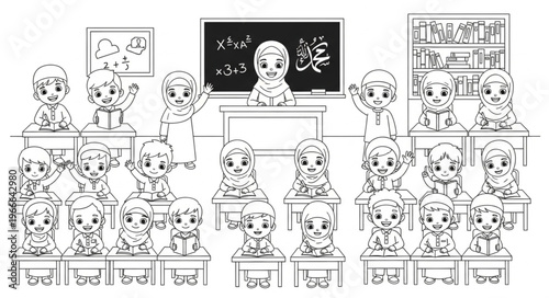 Classroom scene with students and teacher focused on the lesson.