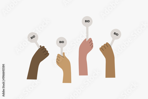 Diverse hands holding auction paddles with bid sign. minimalist illustration of bidding process. Buying and selling concept. Participating in art auction. Diversity in business, financial. Vector