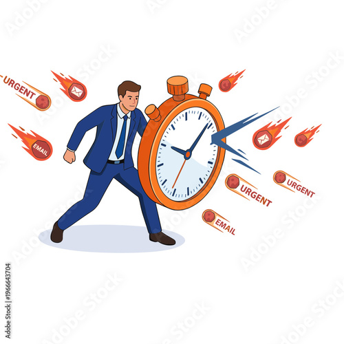 Man in blue suit runs from urgent emails and deadline on large clock