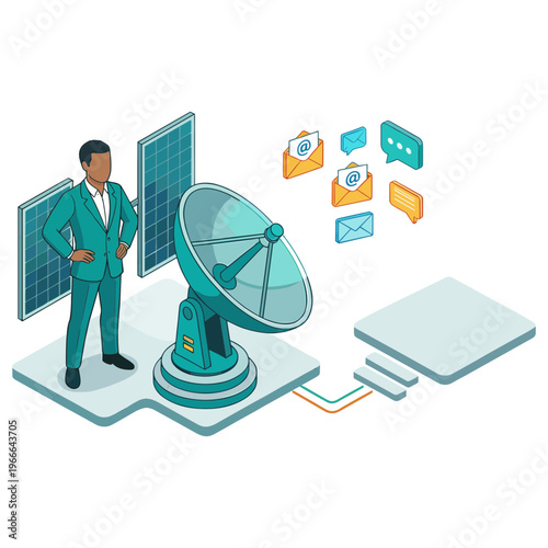 Man in suit operates satellite dish on platform with solar panels nearby