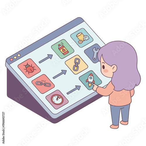 A woman interacts with a large computer screen displaying various colorful icons.