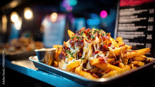 Loaded fries with cheese and toppings closeup