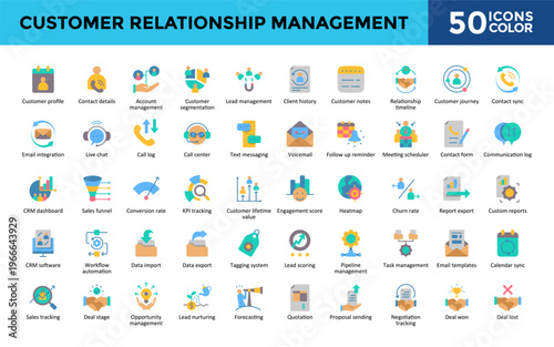 Customer Relationship Management icons set with customer profile, contact details, account management, customer segmentation, lead management, relationship timeline icon. Simple color vector 
