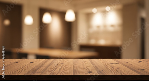 A wooden table top in a blurred restaurant background