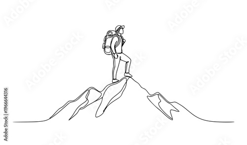 Continuous line backpack traveler mountain peak hiking adventure vector illustration isolated on white background