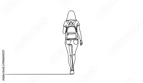 Single line back view walking woman with backpack vector illustration isolated on white background