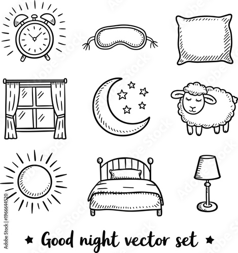 Hand drawn good night vector set, with sleep icons, moon, sheep, bed, pillow and alarm clock