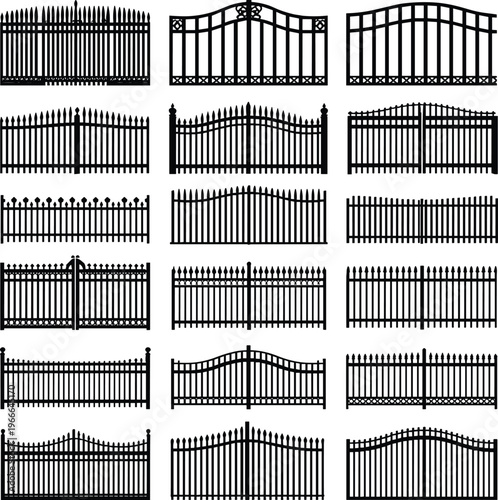 Decorative black silhouette collection of ornate wrought iron gates and picket fence designs for classic garden landscaping architectural property boundaries and secure entrance planning