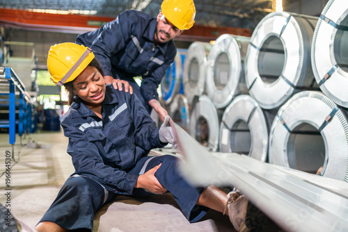Male worker helping injured female colleague lying on floor after workplace accident in steel factory, Occupational hazard, emergency response, teamwork, safety first and worker compensation concept