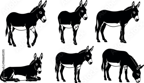 Black and white donkey silhouette vector set featuring farm animal illustrations in various poses like standing walking grazing and sitting